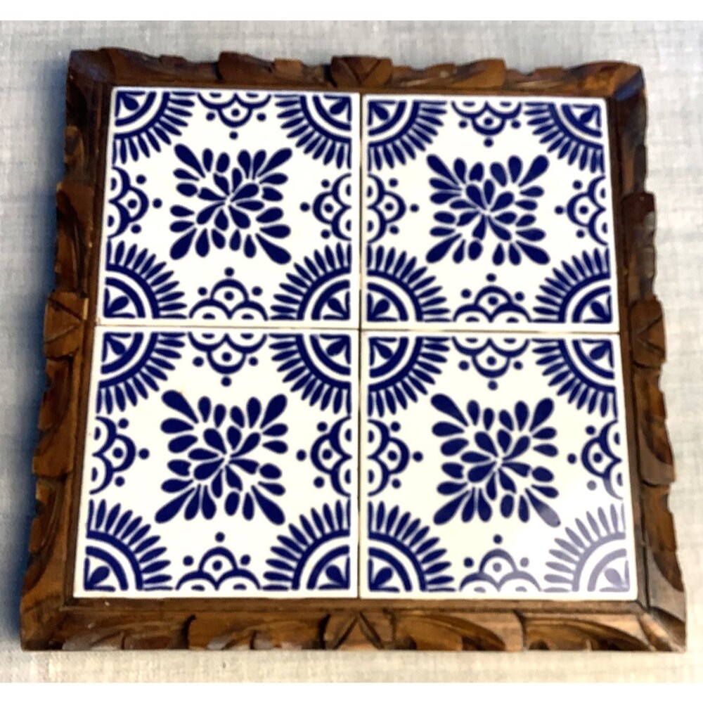 Vintage Mexican Tile Trivet MCM Hand Carved Wood Frame Blue White Tiles